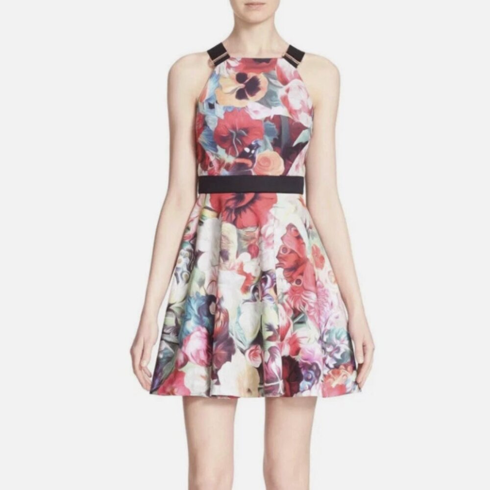 Ted Baker Samara Dress Skater Mini Buckle Straps Colorful Floral Size US 4